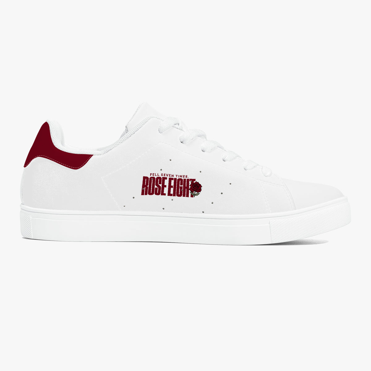 White sneaker with red accents and text on a white background