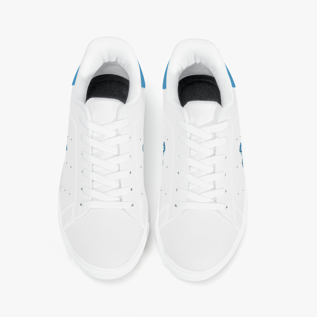 A pair of white low-top sneakers shown from a top-down view on a clean white background. The shoes feature white laces, a black interior lining, and small blue accents on the heel and side.