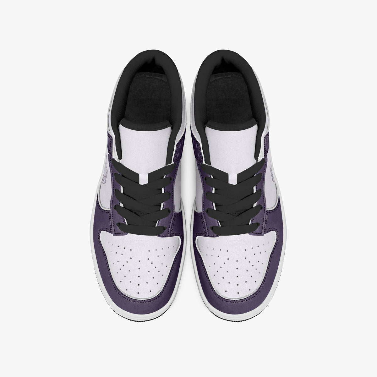 Overhead view of deep purple and white sneakers showing black laces, black padded collar lining, and perforated white toe boxes.