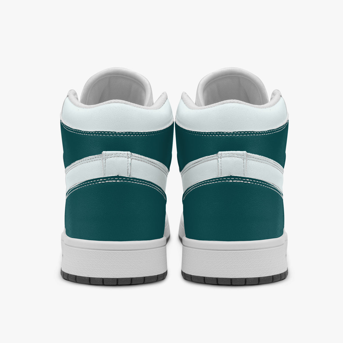 Centered rear view of high-top sneakers showing dark teal leather heel wraps, white padded upper collars, and clean white midsoles.
