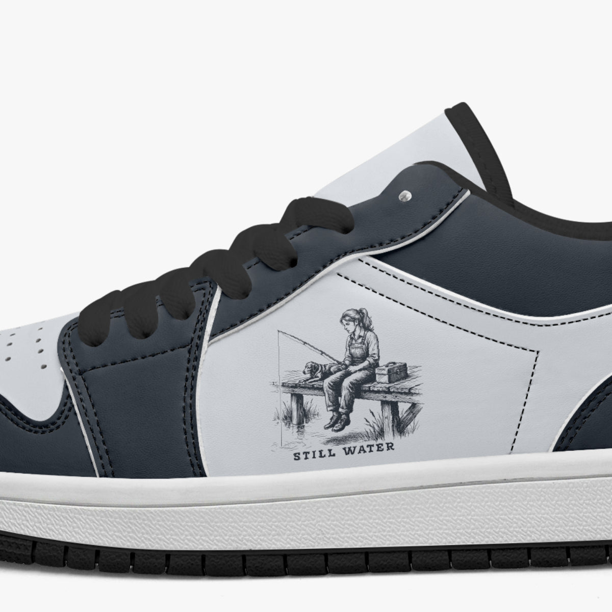 Still Water Fishing Girl & Dog Retro Low Leather Sneakers