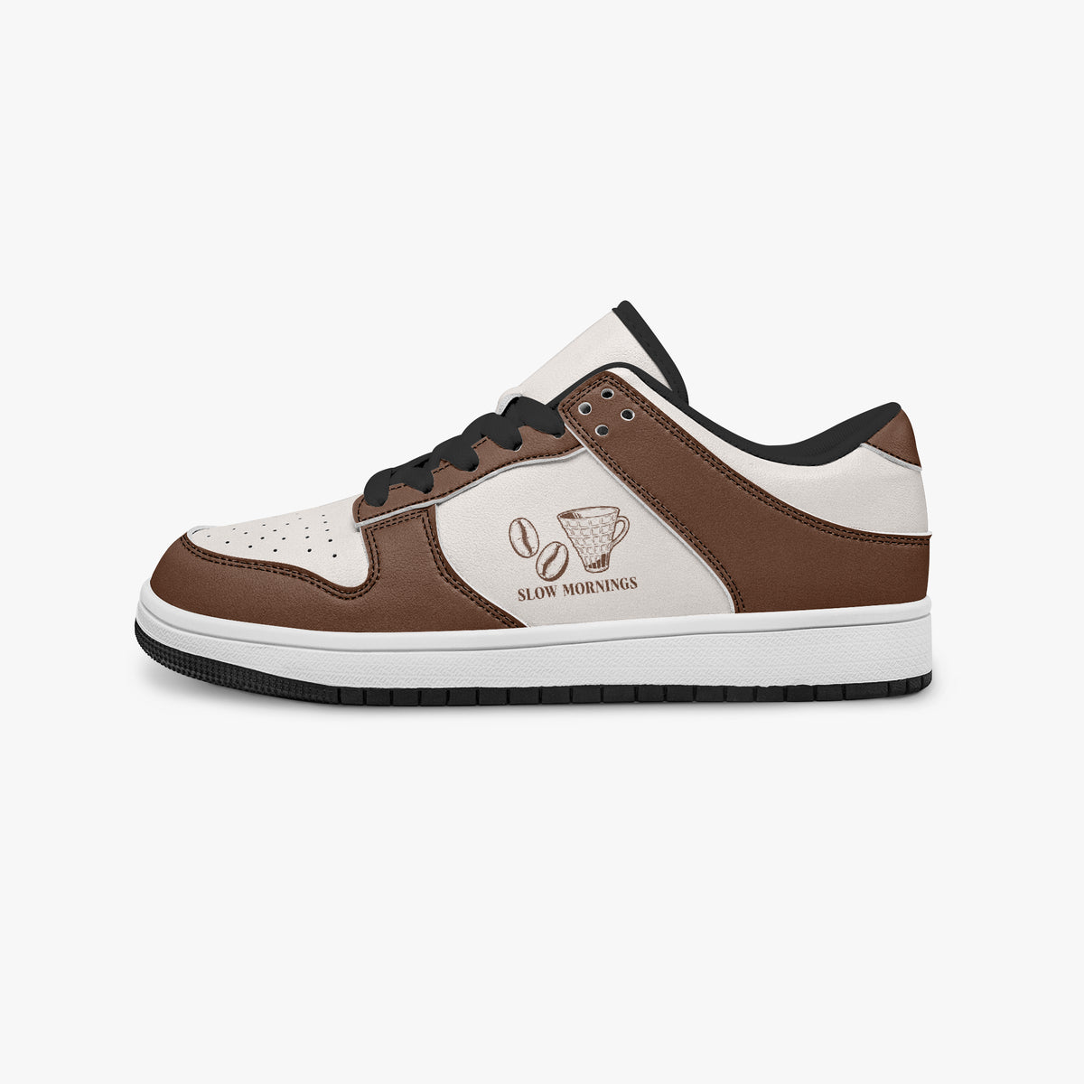 Side profile view of the left sneaker highlighting the brown leather panels, coffee emblem, black interior lining, and flat rubber sole facing right.
