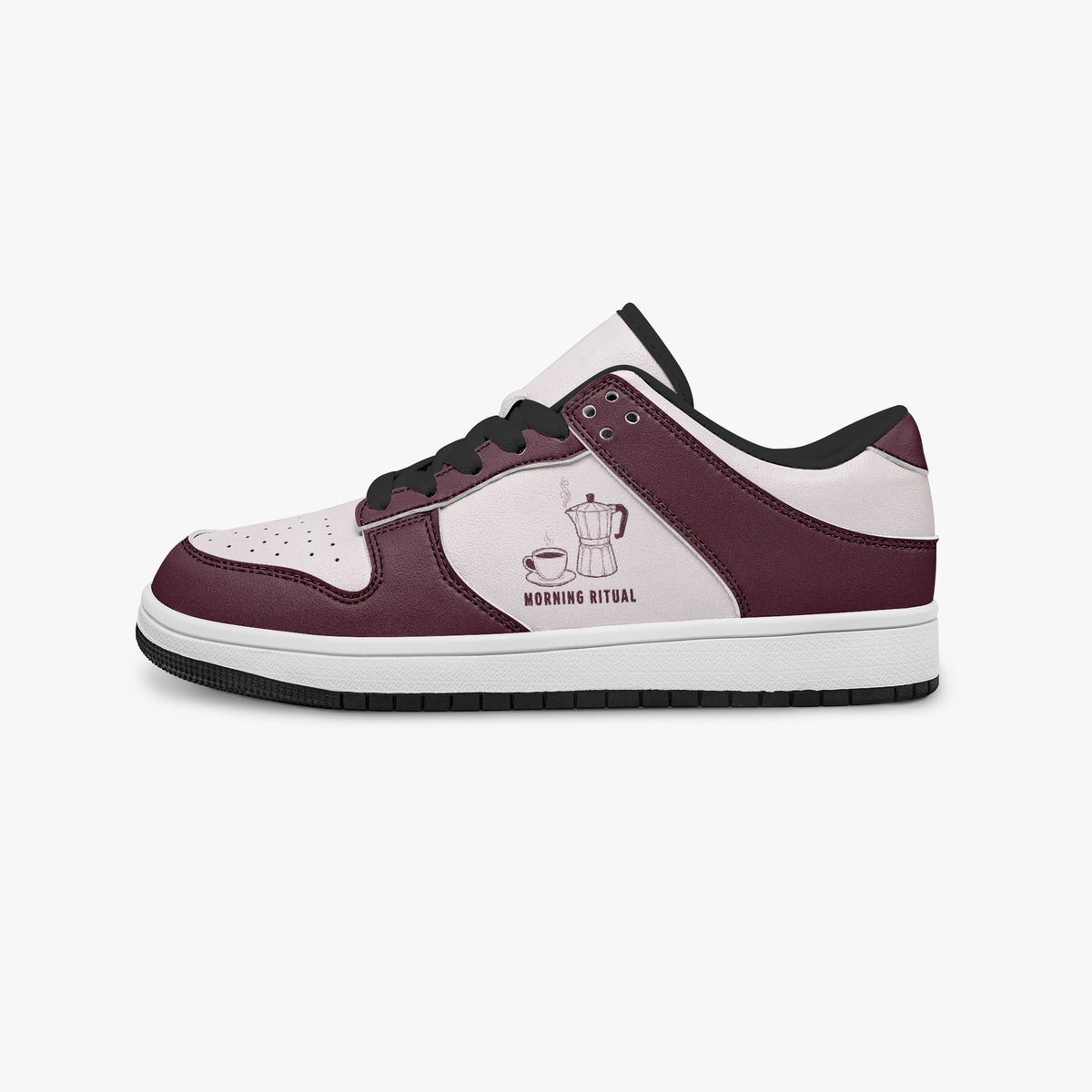 Side profile view of the left sneaker highlighting the burgundy leather panels, coffee pot emblem, black interior lining, and flat rubber sole facing right.
