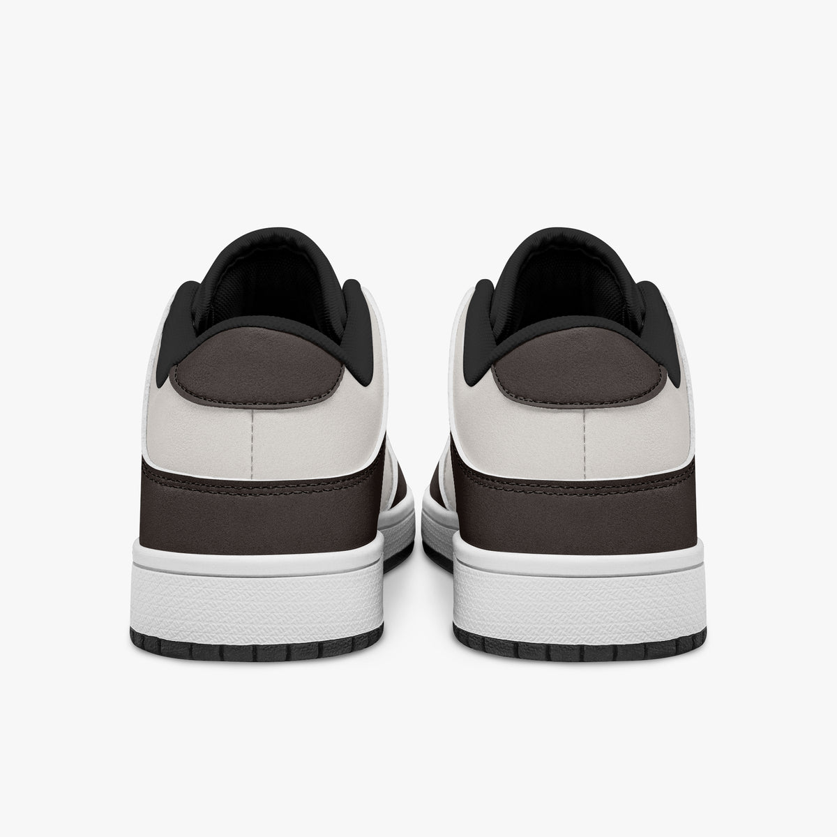 Rear view of dark brown and off-white sneakers showing dark brown heel overlays, off-white leather collars, and black interior collar lining above white midsoles.