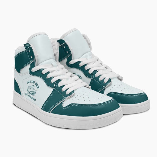 Dynamic three-quarter view of dark teal and white high-top sneakers showcasing the tall collar silhouette, graphic side panels, and clean white rubber midsoles.