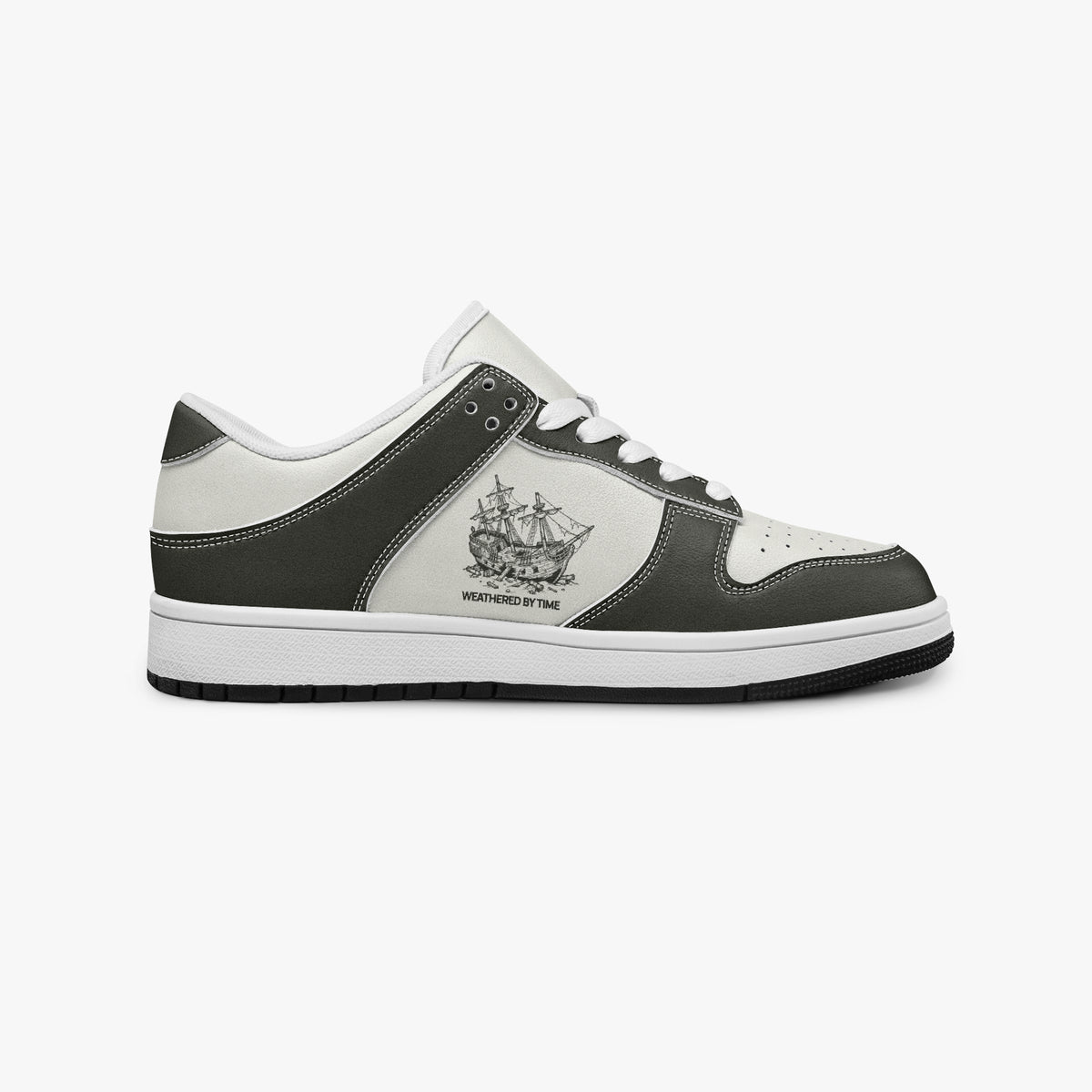 Side profile view of the right sneaker showcasing the dark leather overlays, sailing ship emblem, white eyelet lacing, and contrasting black outsole facing right.