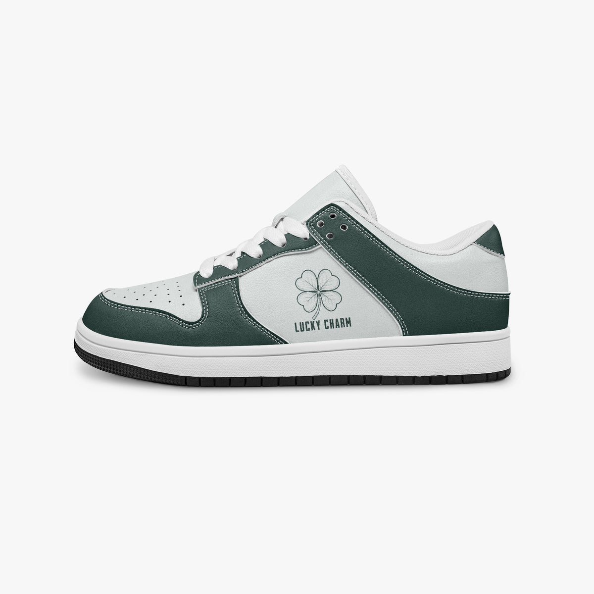 Side profile view of the left sneaker in dark green and white leather, highlighting the "LUCKY CHARM" clover design, white laces, white interior lining, and flat rubber sole facing right.