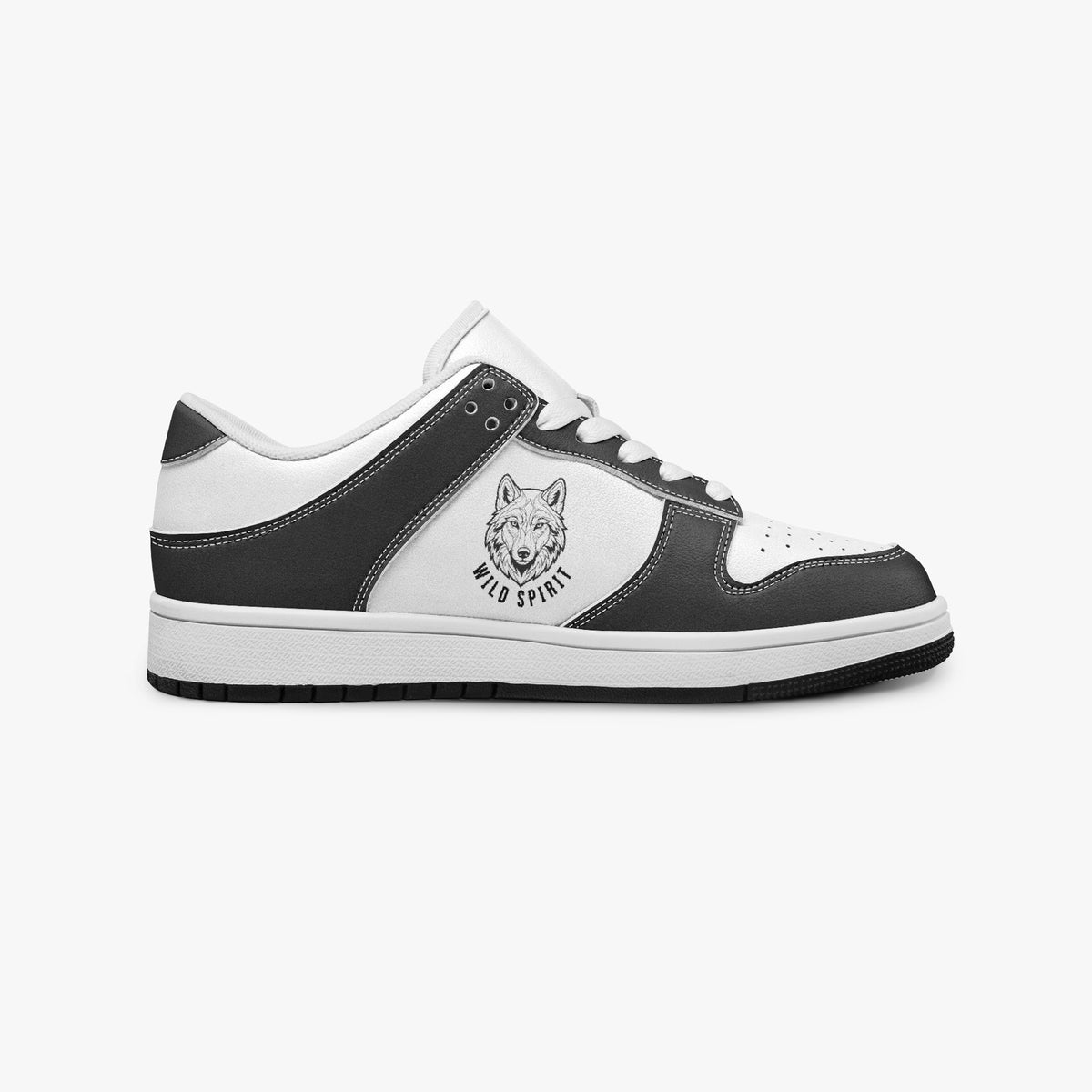Side profile view of the right sneaker showcasing the black leather overlays, wolf head emblem, white eyelet lacing, and contrasting black outsole facing right.