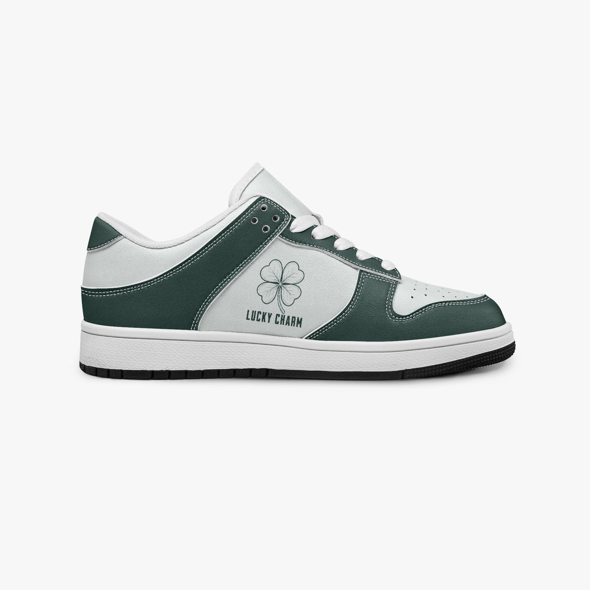 Side profile view of the right sneaker showcasing the dark green leather overlays, clover emblem, white eyelet lacing, and contrasting black outsole facing right.