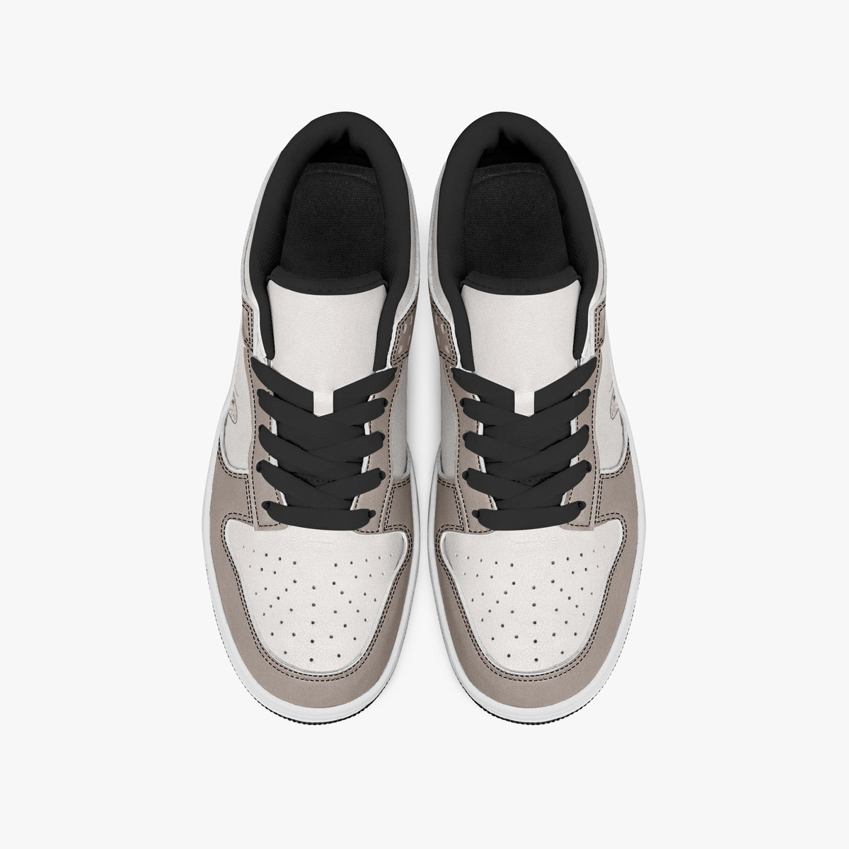 Overhead view of taupe and off-white sneakers displaying black laces, black padded collar lining, and perforated off-white leather toe boxes.