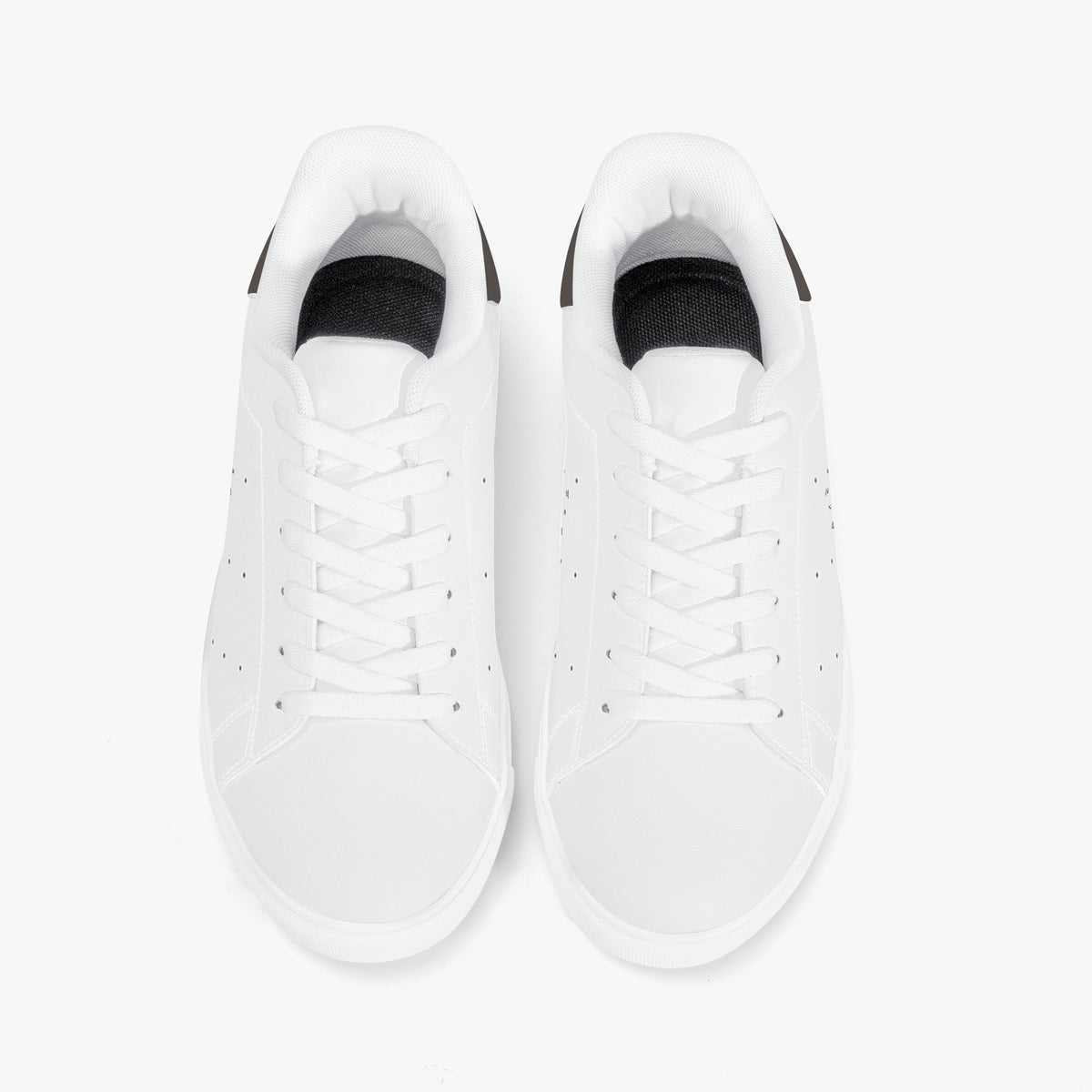 A pair of white low-top sneakers shown from a top-down view on a clean white background.