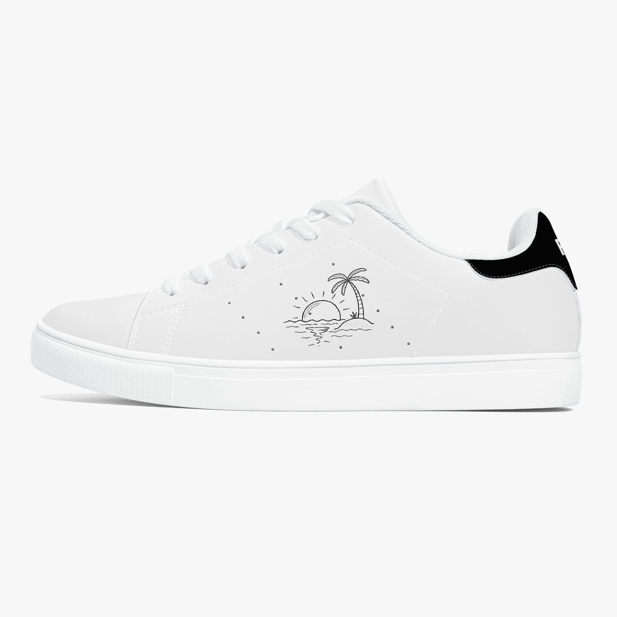 White sneaker with black text and design on a white background
