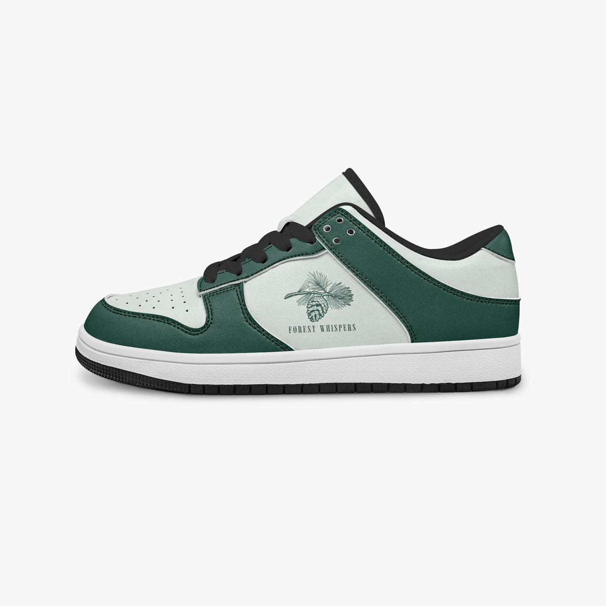 Side profile view of the left sneaker highlighting the green leather panels, pine cone emblem, black interior lining, and flat rubber sole facing right.