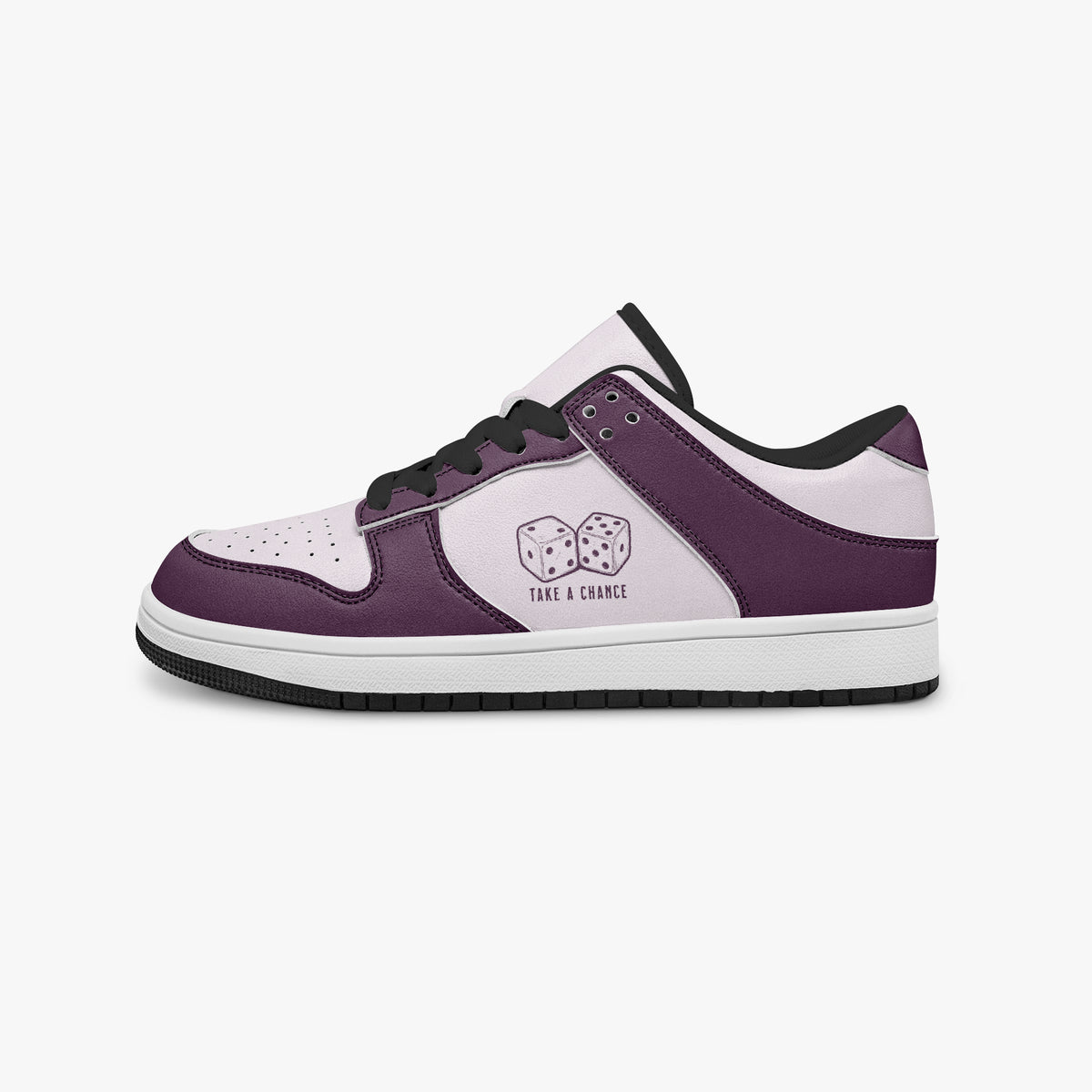 Side profile view of the left sneaker highlighting the deep plum leather overlays, "TAKE A CHANCE" dice design, and flat rubber sole facing right.