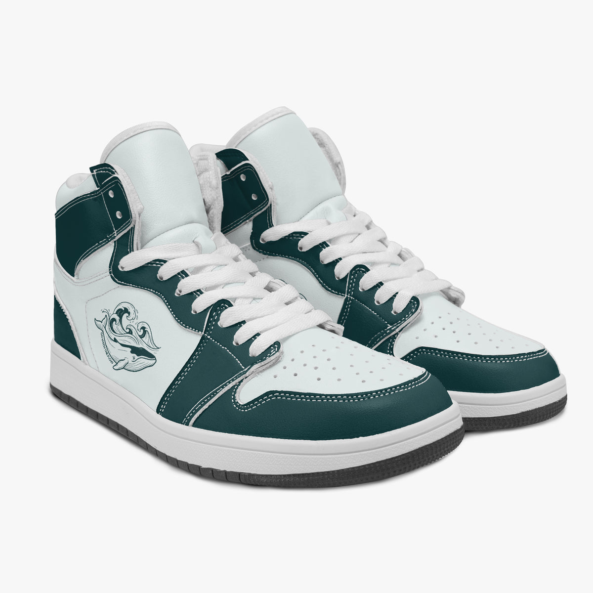 Angled three-quarter view of high-top sneakers in dark teal and white leather, featuring a whale and ocean waves graphic with "GO WITH THE FLOW", white laces, and white padded collars.