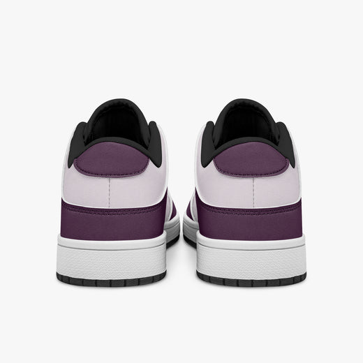 Rear view of plum and lilac sneakers displaying purple heel overlays, pale lilac collar panels, and two-tone white and black rubber outsoles.