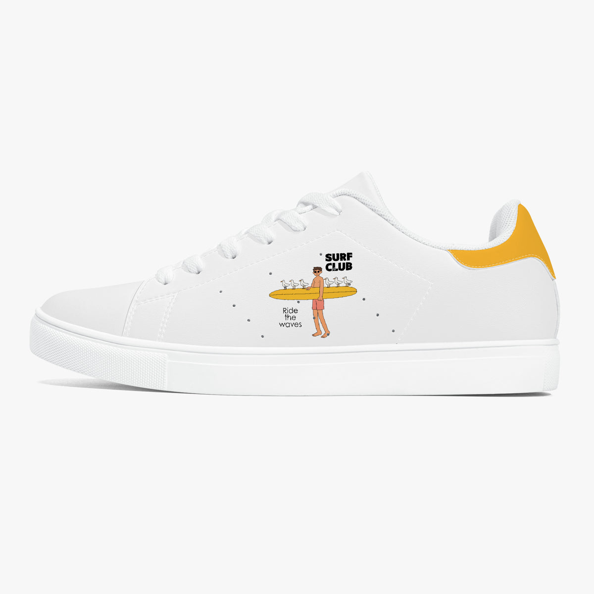 A white low-top sneaker with a yellow heel tab and a cartoon graphic of a surfer carrying drinks on the side. The graphic includes the text 'SURF CLUB' and 'BIG BOY MOVIES'.