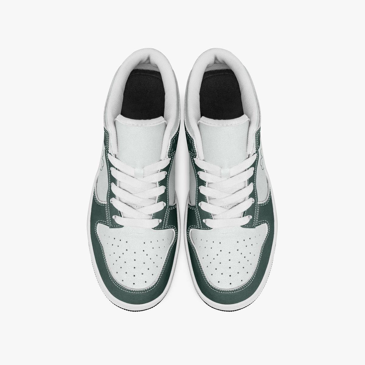 Overhead view of dark green and white sneakers showing clean white laces, white padded collar lining, and perforated white leather toe boxes.