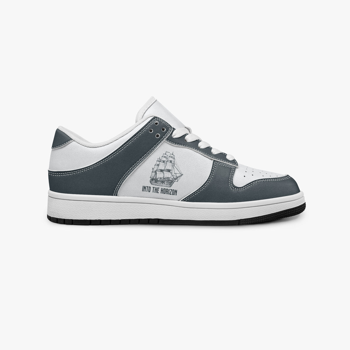Side profile view of the right sneaker in slate blue-grey and white leather, showcasing the sailing ship graphic with "INTO THE HORIZON", white eyelet lacing, and flat rubber sole facing right.