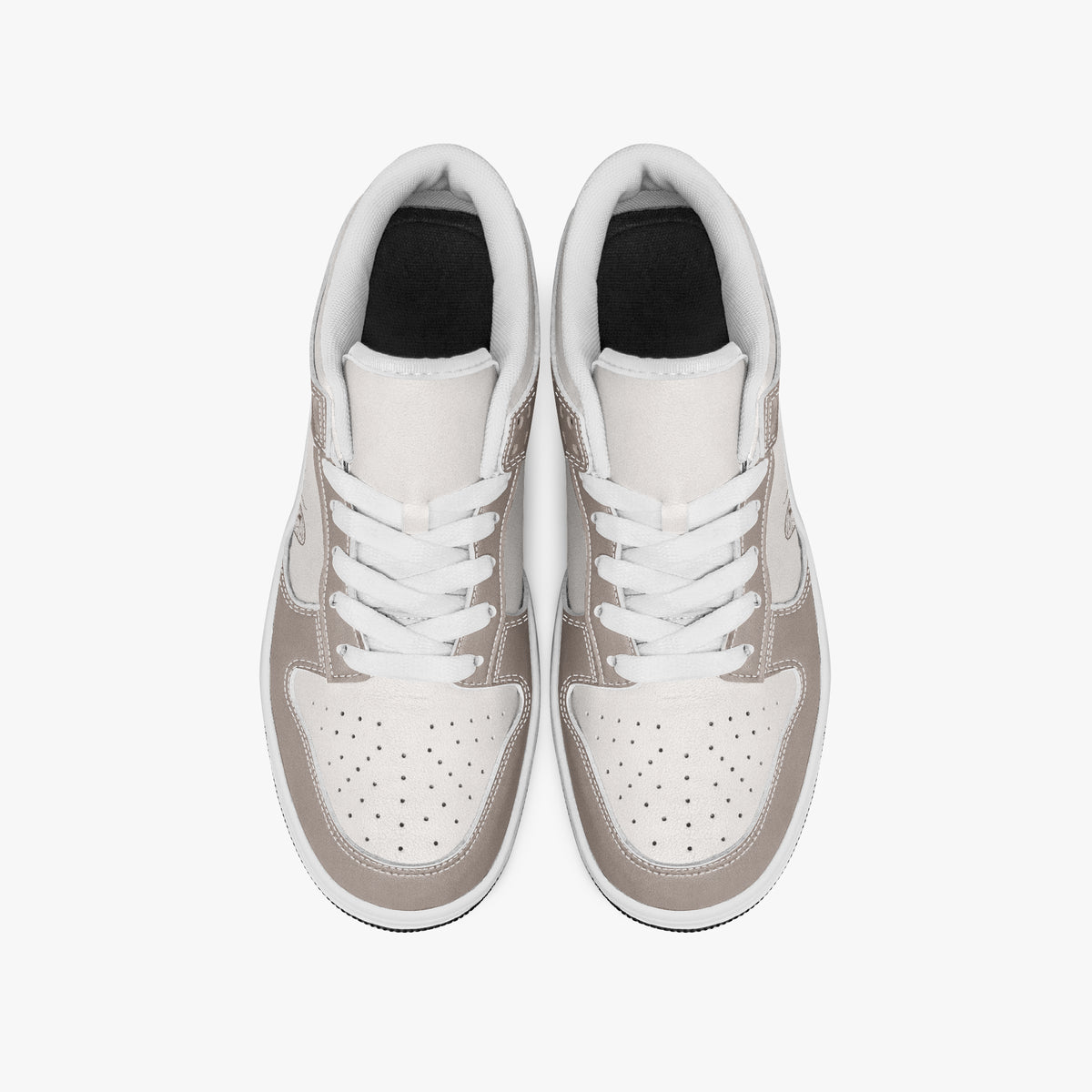Overhead view of taupe and off-white sneakers showing clean white laces, white padded collar lining, and perforated off-white leather toe boxes.