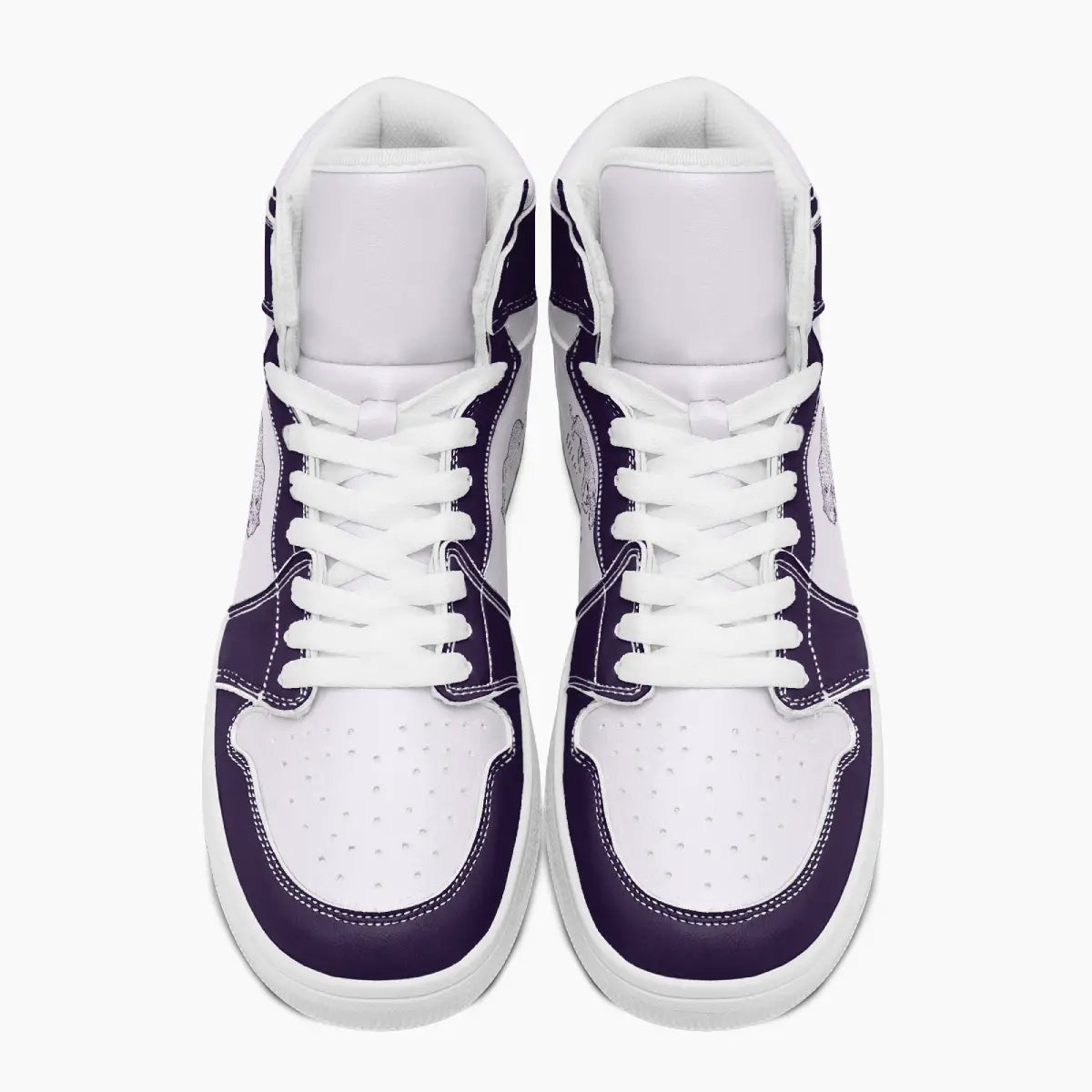 Overhead top-down view of high-top sneakers highlighting deep purple eyestays, white lacing, and perforated white leather vamps.
