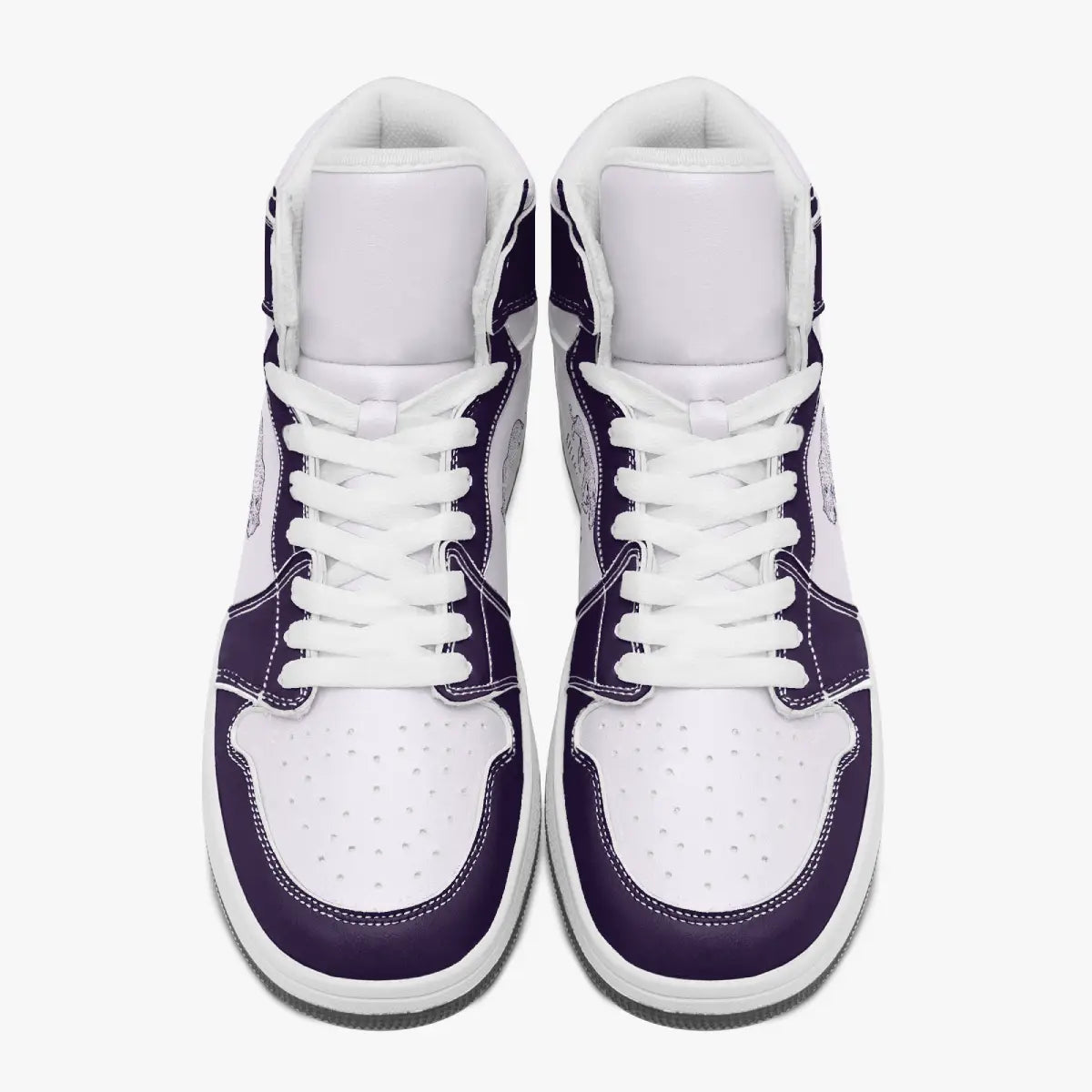 Overhead view of purple and white high-top sneakers showing clean white laces, white padded collar lining, and perforated white leather toe boxes.