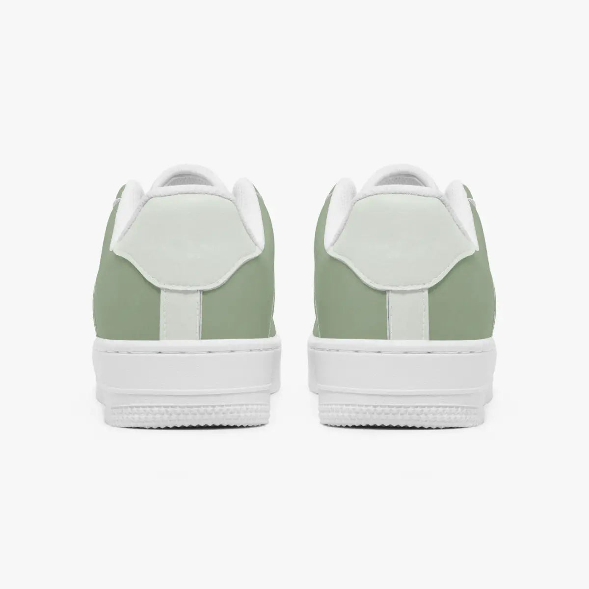 Rear view of sage green and mint sneakers displaying sage green heel overlays, light mint leather collar tabs, and textured white rubber platform midsoles.