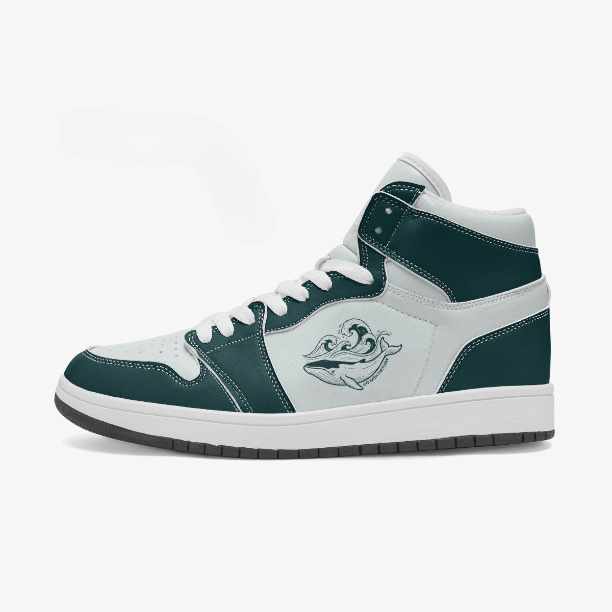 Side profile view of the left high-top sneaker in dark teal and white leather, highlighting the "GO WITH THE FLOW" whale emblem, white laces, white collar lining, and solid rubber outsole facing right.