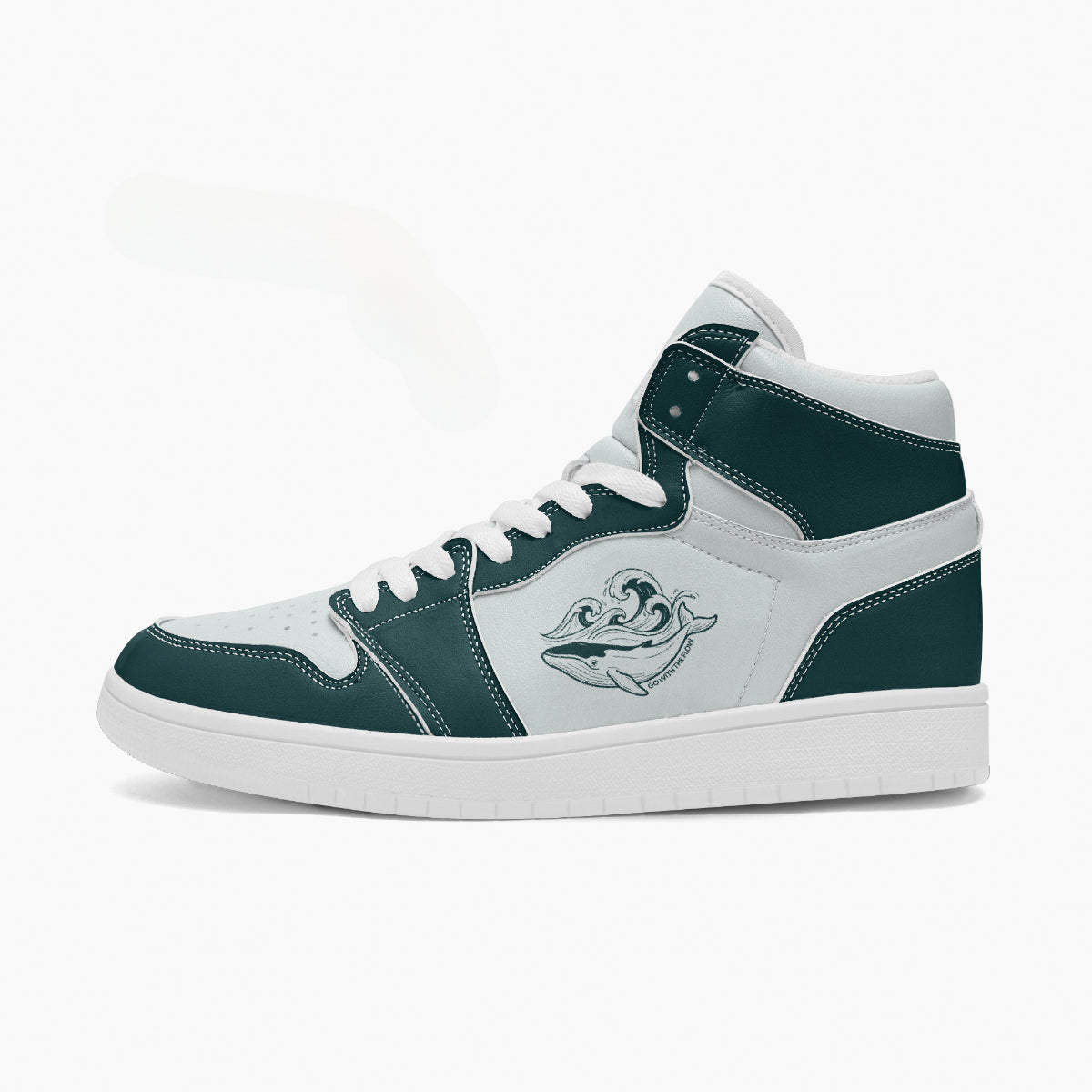 Full side profile view of the left high-top sneaker displaying dark teal ankle collar panels, whale art on the quarter panel, clean white midsole, and dark outsole facing right.
