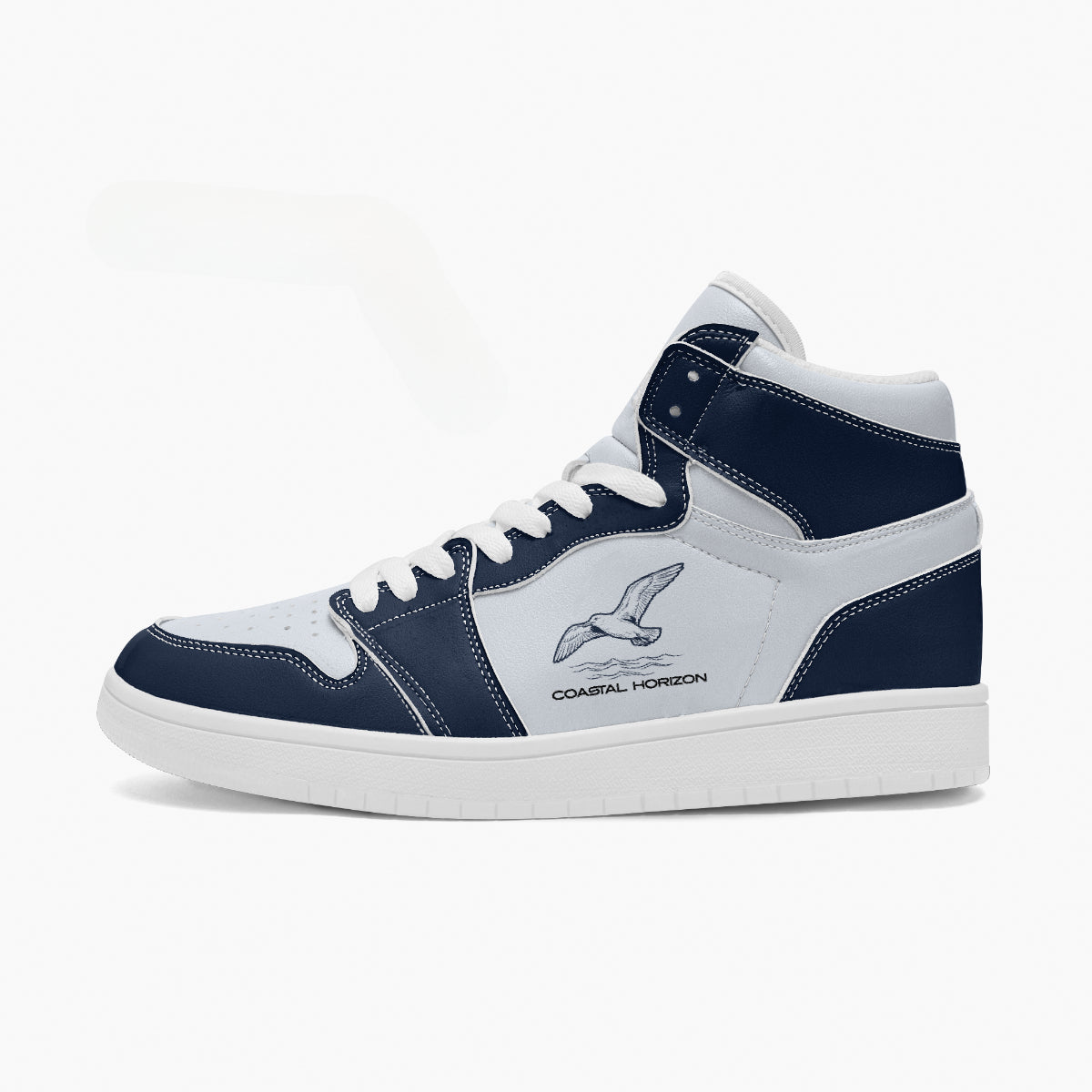 Full side profile view of the left high-top sneaker displaying navy blue ankle collar panels, side graphic, clean white midsole, and dark outsole facing right.