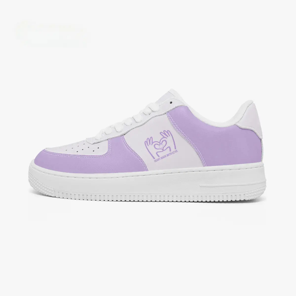 A low-top sneaker in lavender purple and white, featuring a purple graphic logo on the side, set against a plain white background.