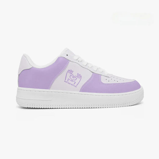A low-top sneaker in lavender purple and white, featuring a purple graphic logo on the side, set against a plain white background.