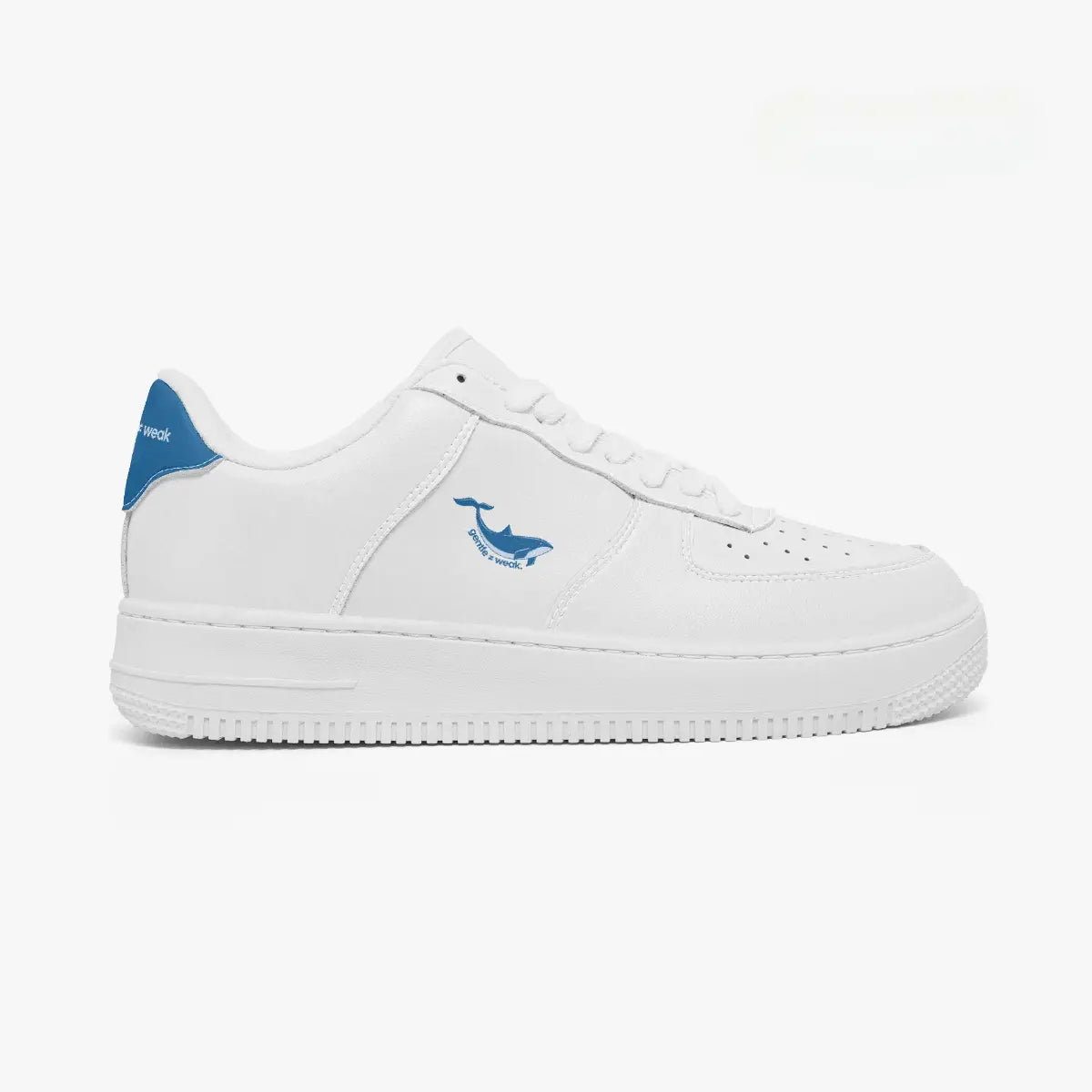 A white low-top sneaker with a blue whale logo on the side and a blue heel tab, shown in profile against a plain white background.