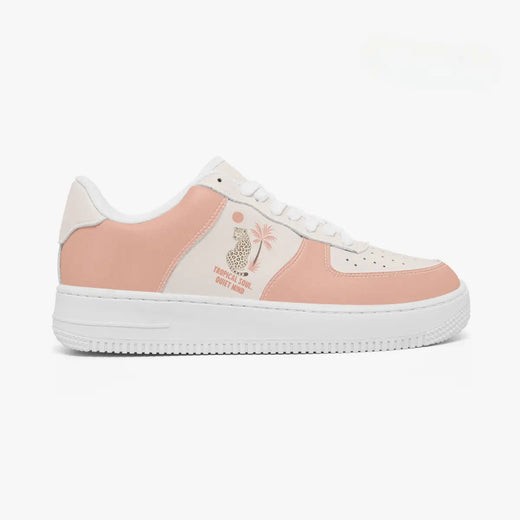Outer side view of the right sneaker highlighting the dusty peach overlays, cream side panels, and thick white midsole facing right.