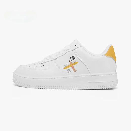Outer side view of the left sneaker featuring an all-white silhouette, "SURF CLUB" design, and textured rubber sole facing left.