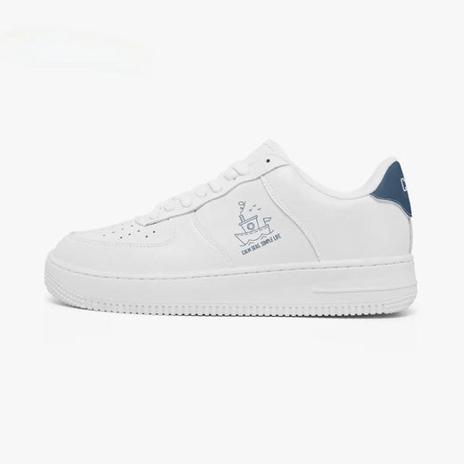 Side profile view of the left sneaker featuring an all-white silhouette, "CALM SEAS, SIMPLE LIFE" graphic, and textured rubber midsole facing left.