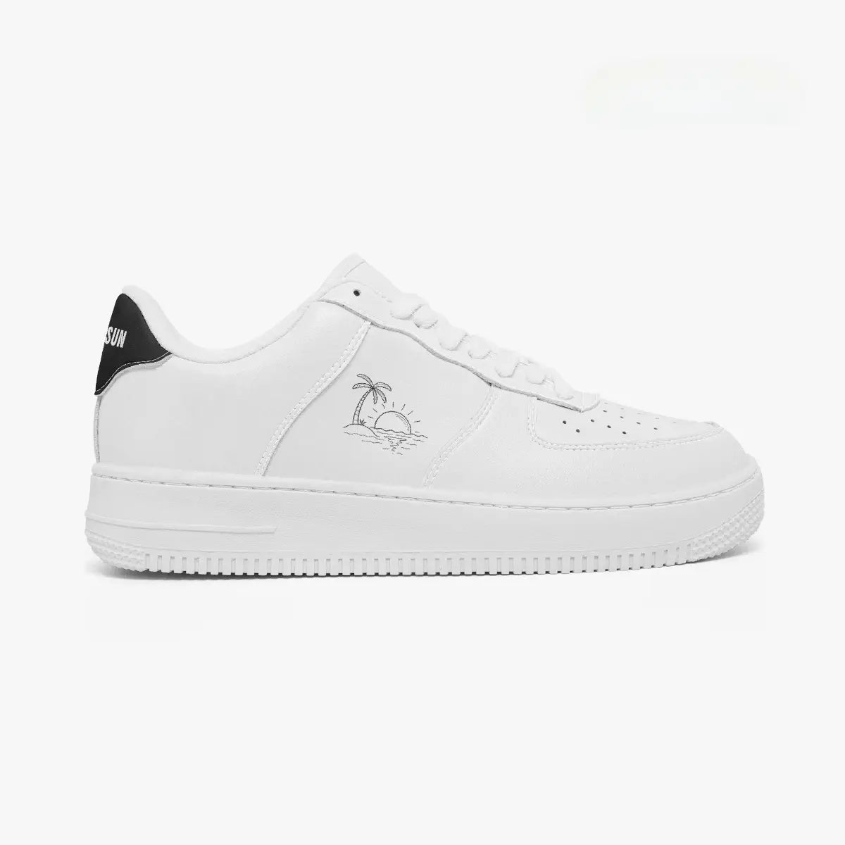 A white low-top sneaker shown in a side profile view against a clean white background. The shoe features a white leather upper, white laces, a thick white midsole, a small gray palm tree graphic on the side, and a black heel tab with white text.