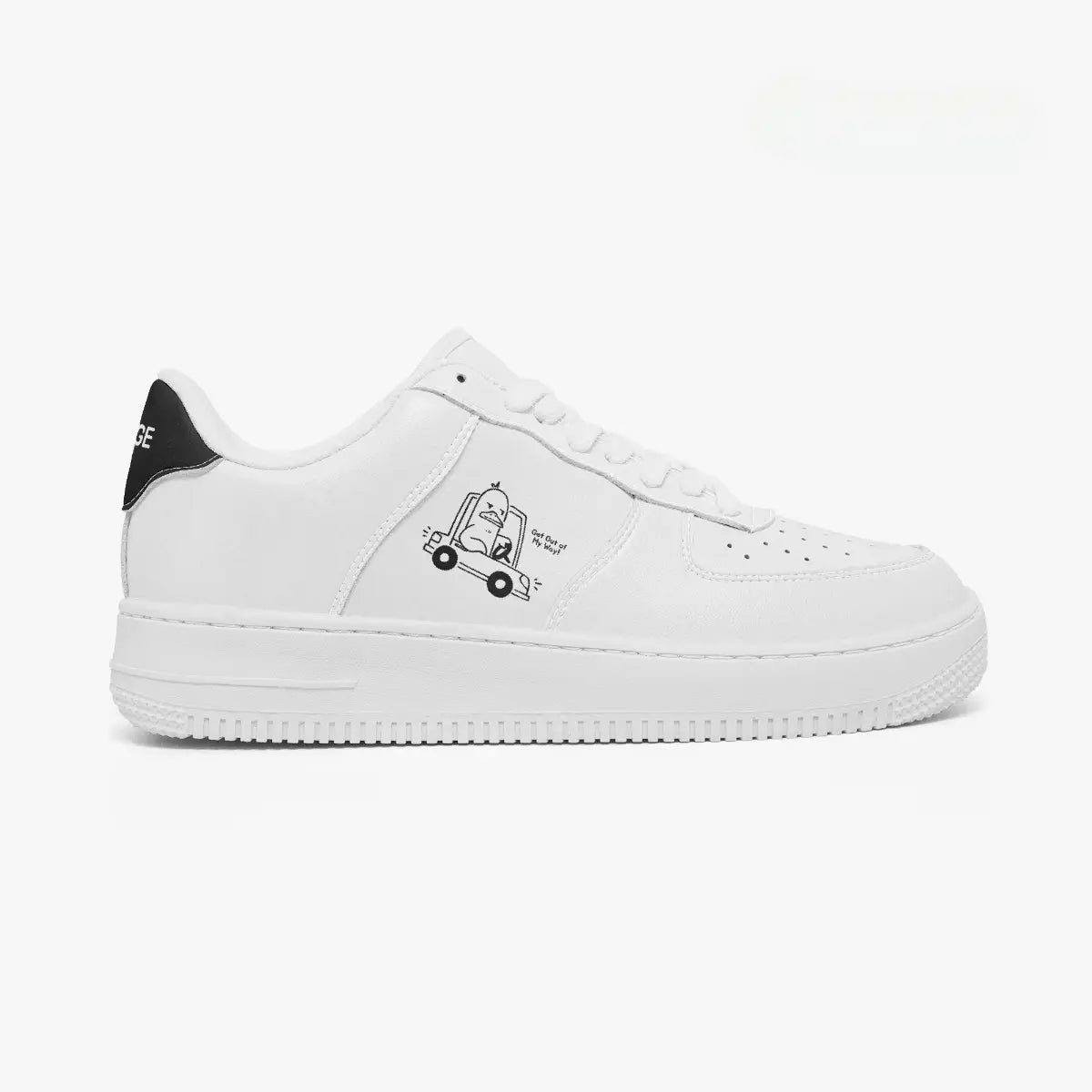 Outer side view of the right sneaker in white leather, highlighting the road rage duck illustration and black heel tab facing right.