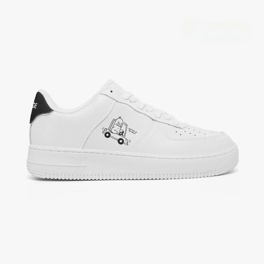 Outer side view of the right sneaker in white leather, highlighting the road rage duck illustration and black heel tab facing right.