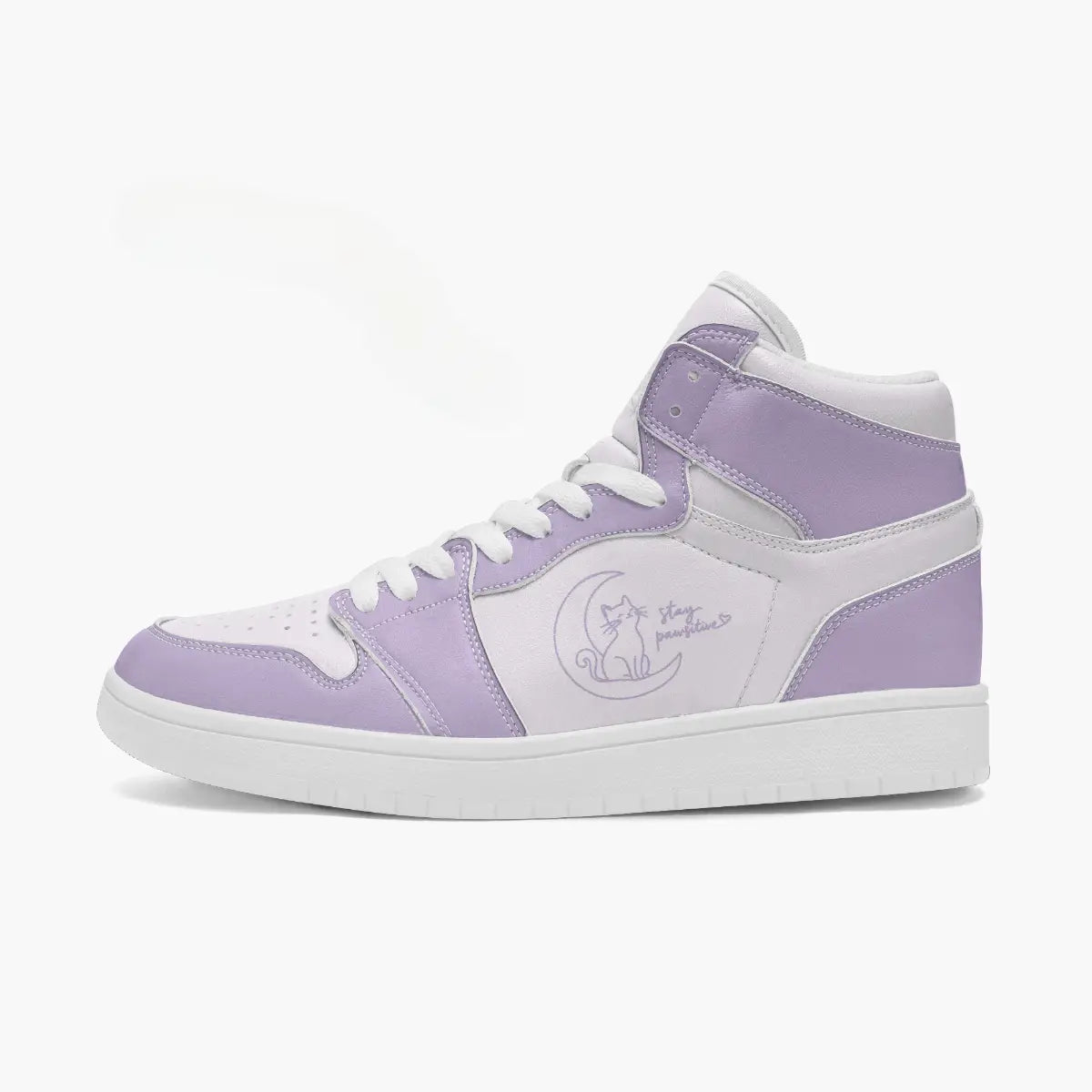 Outer side view of the left sneaker in white and pastel purple, displaying the "stay pawsitive" moon illustration facing left.