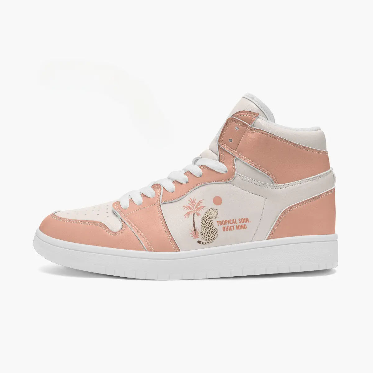 Inner side view of the left high-top sneaker showing the dusty peach leather accents, eyelets, and tropical illustration facing right.