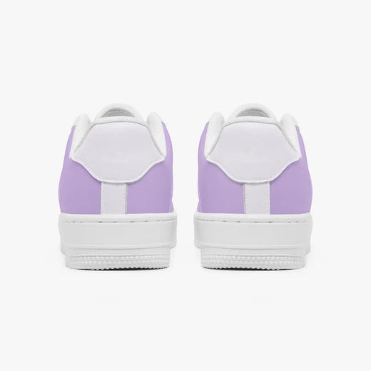 A pair of low-top sneakers shown from the back, featuring light purple uppers and white midsoles and laces, set against a plain white background.