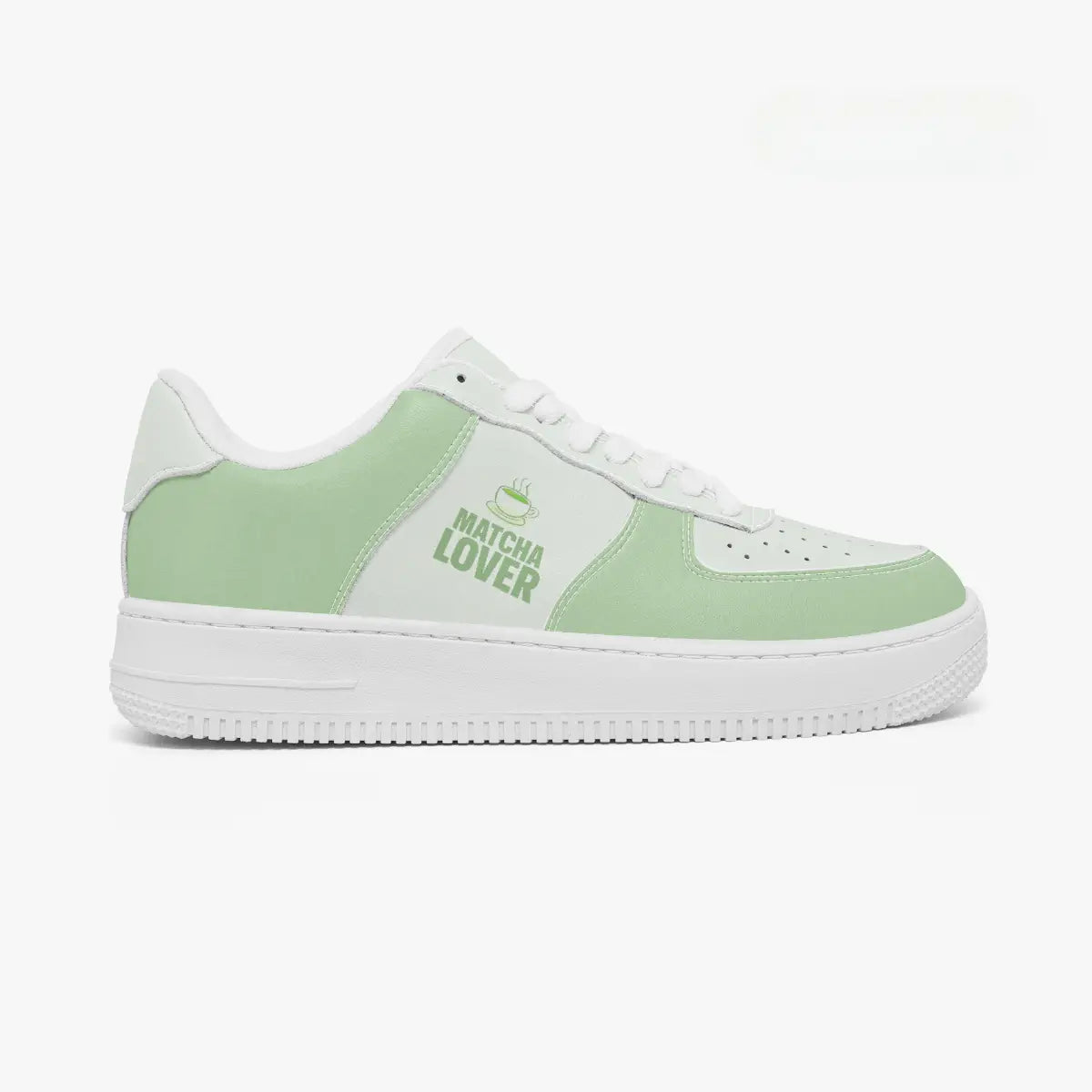 Outer side view of the right shoe in matcha green and white with the "MATCHA LOVER" typography design facing right.