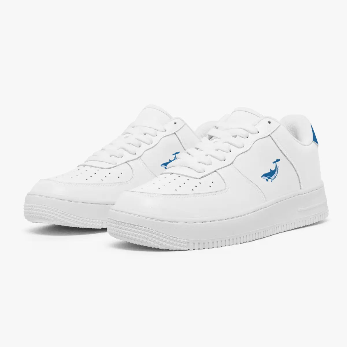 White sneakers with a brand logo on a white background