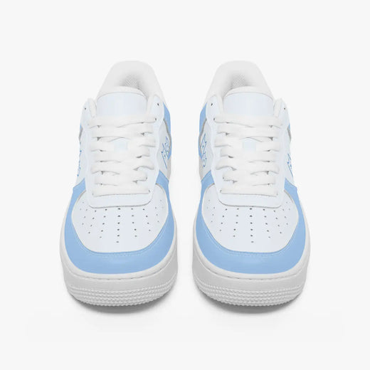Front view of a pair of low-top sneakers in white and pastel blue leather with white laces and perforated toe caps.