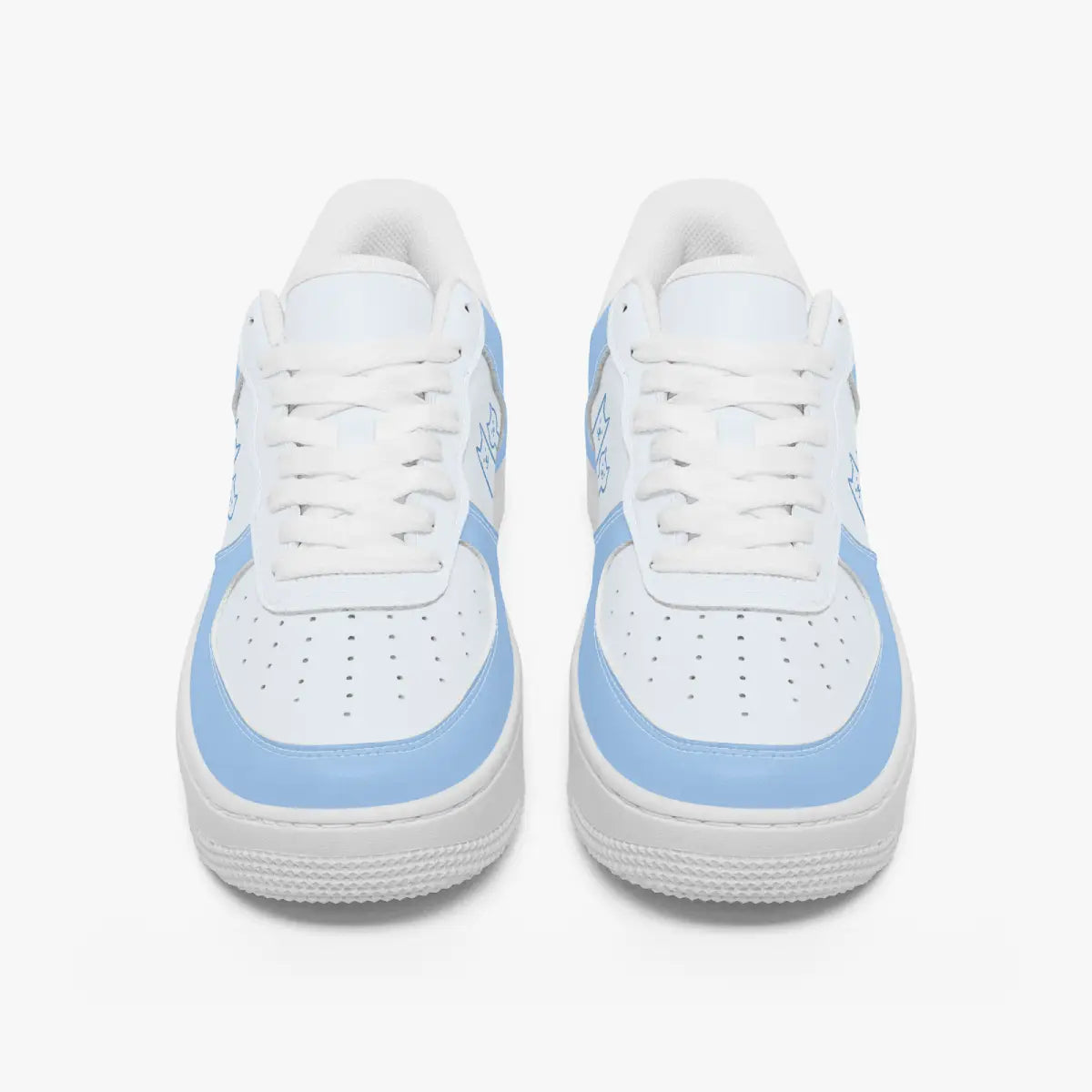 Front view of a pair of low-top sneakers in white and pastel blue leather with white laces and perforated toe caps.