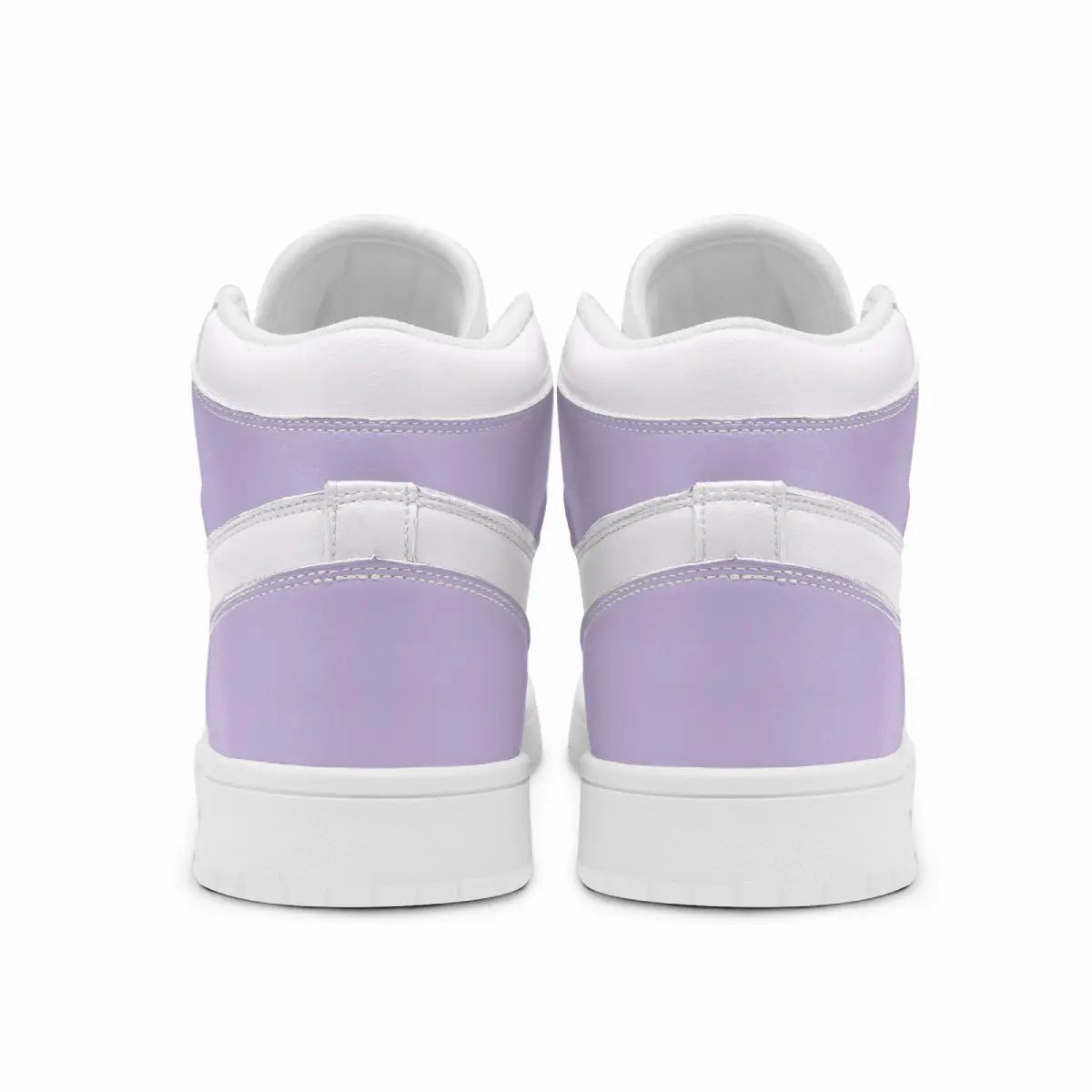 Rear view of pastel purple and white high-top sneakers showing the padded ankle collars, heel overlay panels, and flat white rubber soles.