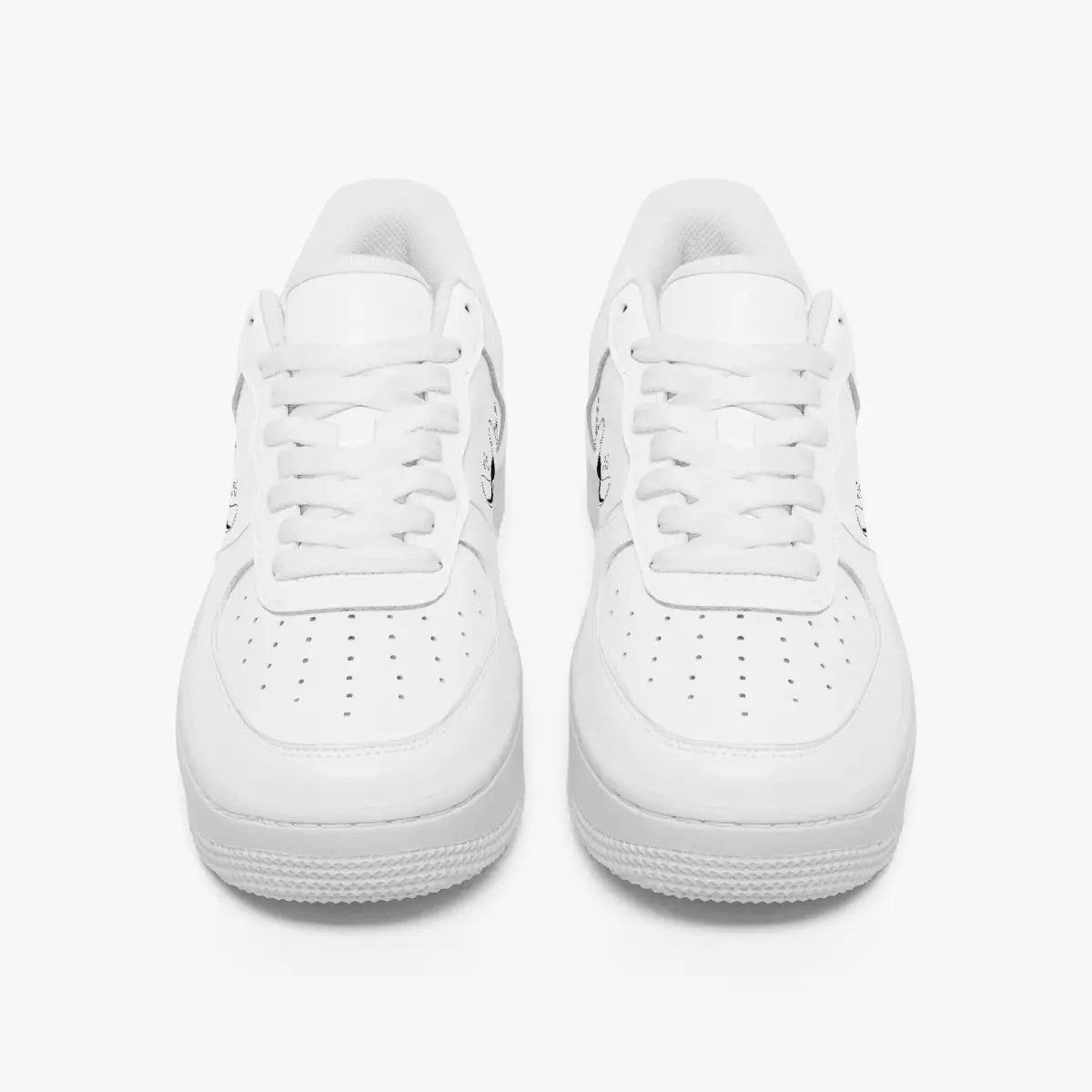 Front view of a pair of minimalist all-white low-top leather sneakers with matching white laces and perforated toe caps on a plain background.