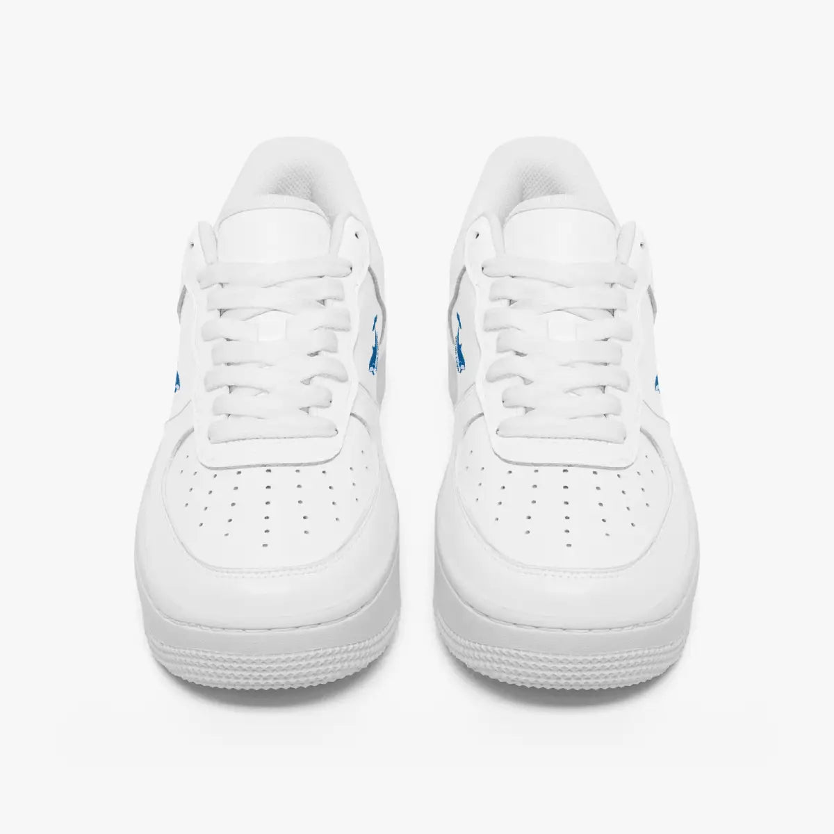 A pair of white low-top sneakers shown from the front on a clean white background.