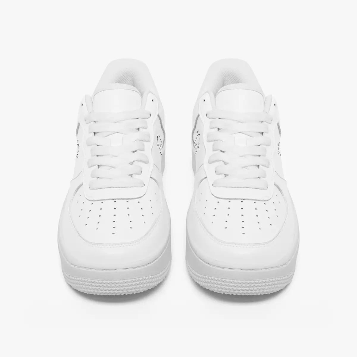 Front view of a pair of minimalist all-white low-top leather sneakers with white laces and perforated toe caps on a clean white background.